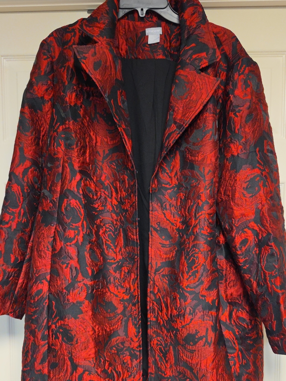 Chico's Red and Black Floral Jacquard Trench Coat